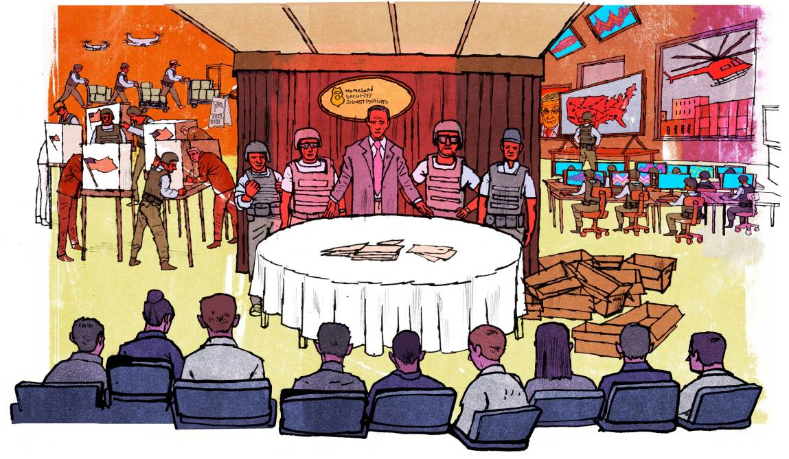 An illustration depicts a law enforcement press briefing where an official in a suit stands with armed guards behind a round table holding scattered papers, set against a backdrop featuring voting booths on the left and surveillance monitors on the right.