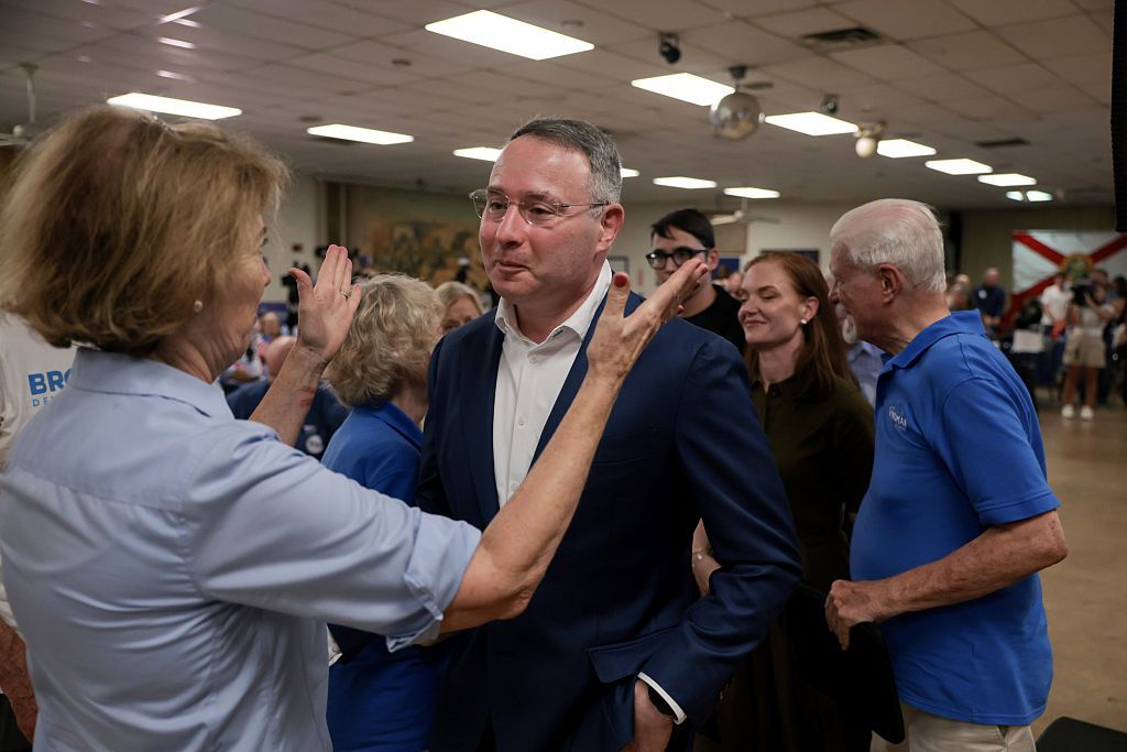 OAKLAND PARK, FLORIDA - AUGUST 18:  Florida Democratic U.S. Senate candidate, retired Army Lt. Col. Alex Vindman, receives well-wishes from supporters while leaving a primary election-night watch party after conceding to his opponent, Florida State Rep. Angie Nixon at an election-night watch party at the American Legion Post 222 event hall , on August 18, 2026, in Oakland Park, Florida. Nixon faces incumbent Sen. Ashley Moody (R-FL), who won the Republican primary tonight as well, in the November 3 general election. (Photo by Joe Raedle/Getty Images)