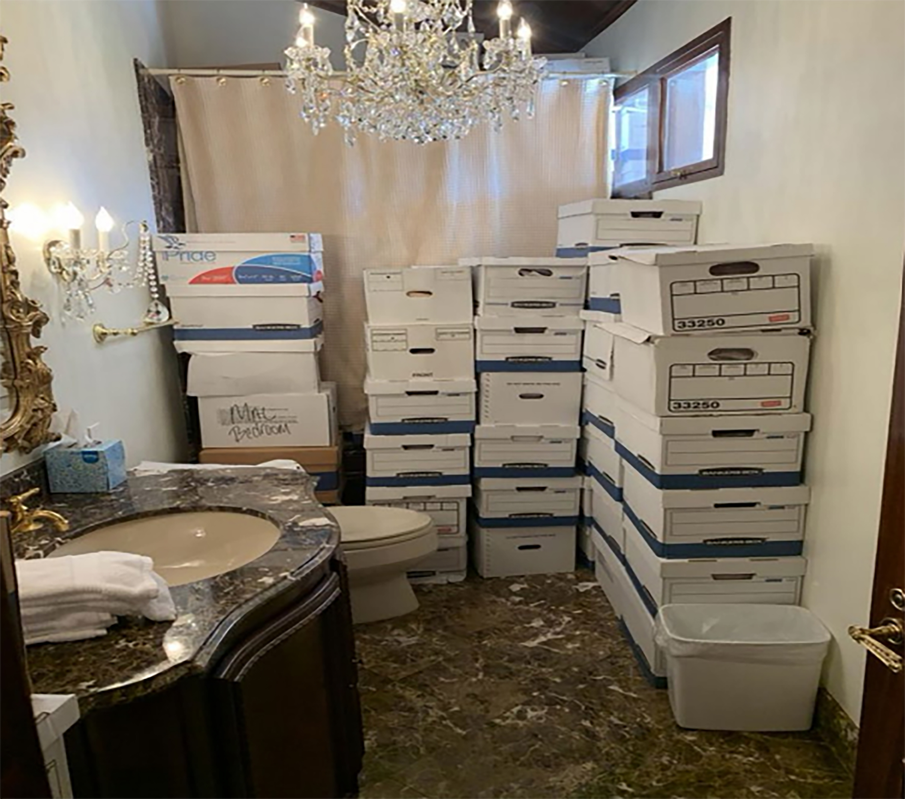 PALM BEACH, FLORIDA - UNSPECIFIED: In this handout photo provided by the U.S. Department of Justice, stacks of boxes can be observed in a bathroom and shower in The Mar-a-Lago Club’s Lake Room at former U.S. President Donald Trump's Mar-a-Lago estate in Palm Beach, Florida. Former U.S. President Donald Trump has been indicted on 37 felony counts in the special counsel's classified documents probe. (Photo by U.S. Department of Justice via Getty Images)