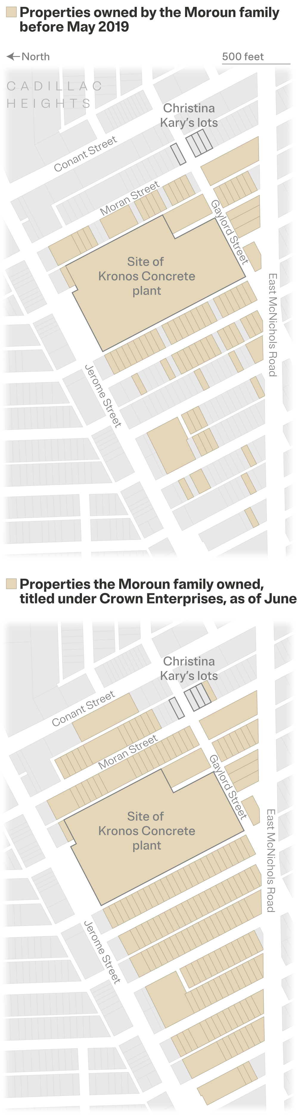 A map showing parcels owned by the Moroun family, through its Crown Enterprise subsidiary, in a section of the Cadillac Heights neighborhood in northeast Detroit. Parcels are colored based on the Moroun family’s  ownership of more than 80 by 2019, when the land-swap deal with the city occurred, and 167 parcels as of June.