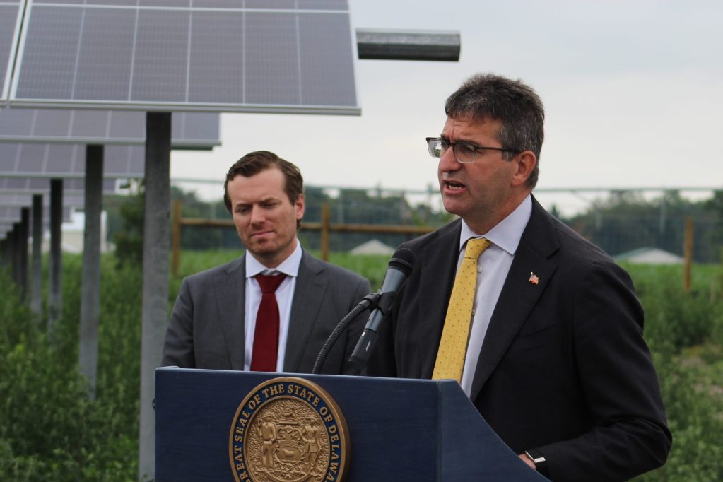 Gov. Meyer speaks at a press conference about solar power, near Dover.