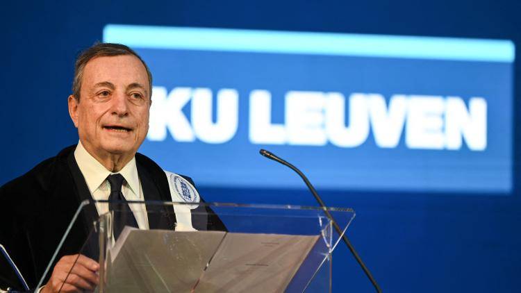 Mario Draghi delivers a speech at the KU Leuven university during an award ceremony on 2 February 2026