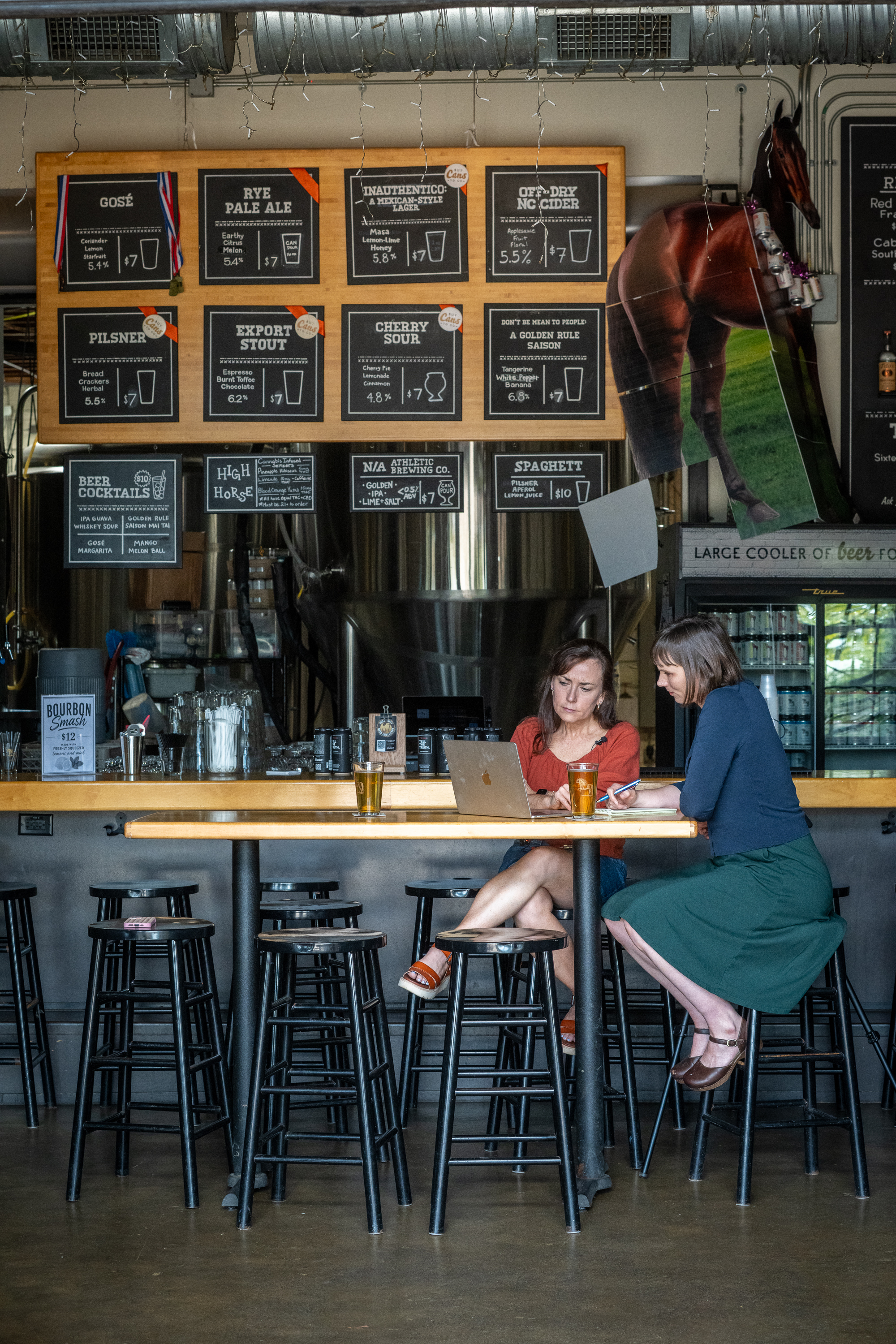 Two women sit at a table at a bar with a laptop computer and two beers. Behind them are barstools, drink menus, coolers and a horse decoration.