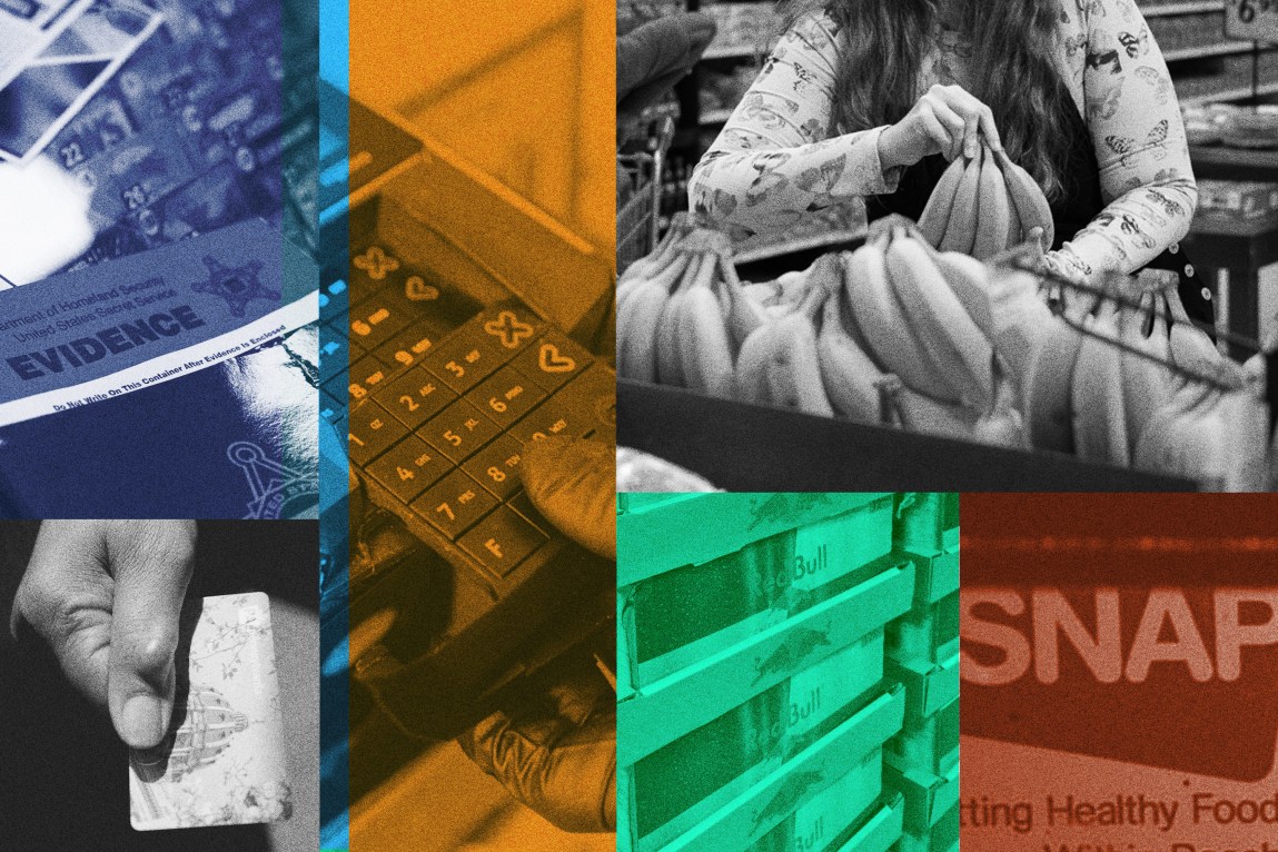 A grid of images including a photo of an evidence folder, a person holding their EBT card, a card reader with an overlay, a person shopping for bananas, cases of Red Bull and a sign for SNAP/EBT.