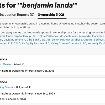 A screenshot from ProPublica’s Nursing Home Inspect database, showing results for a search for the name Benjamin Landa.