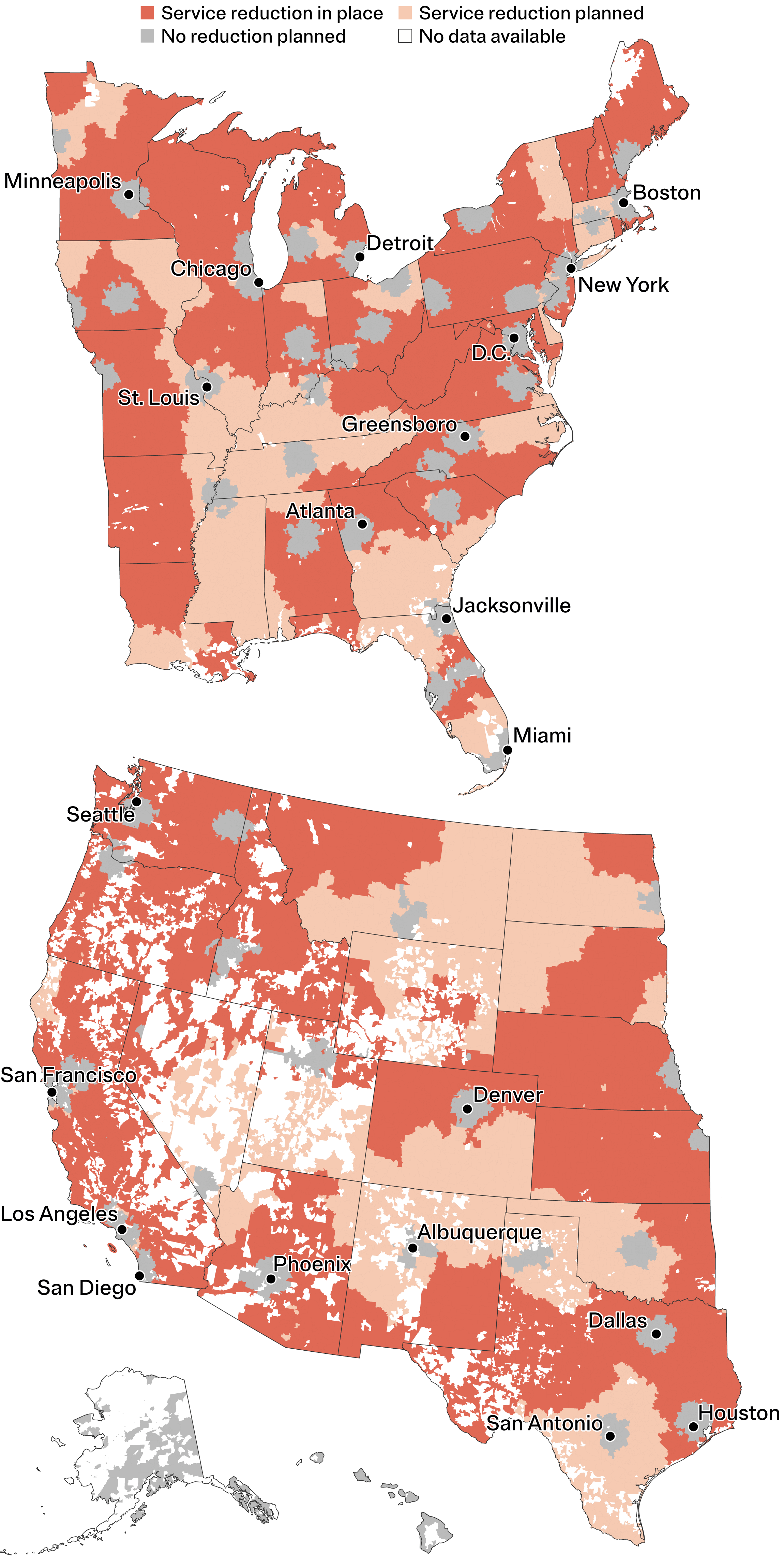 A map showing ZIP codes where a plan to reduce mail pickup frequency is active or soon to be active in all 50 states and the District of Columbia. The plan has been rolled out in most of the Northeast, Midwest and West. Much of the South is expected to be part of the plan in the future, including large sections of Alabama, Florida and Georgia, according to ProPublica’s analysis. ZIP codes marked as not subject to reductions are located within 50 miles of a sorting facility and are mostly in or near large cities.