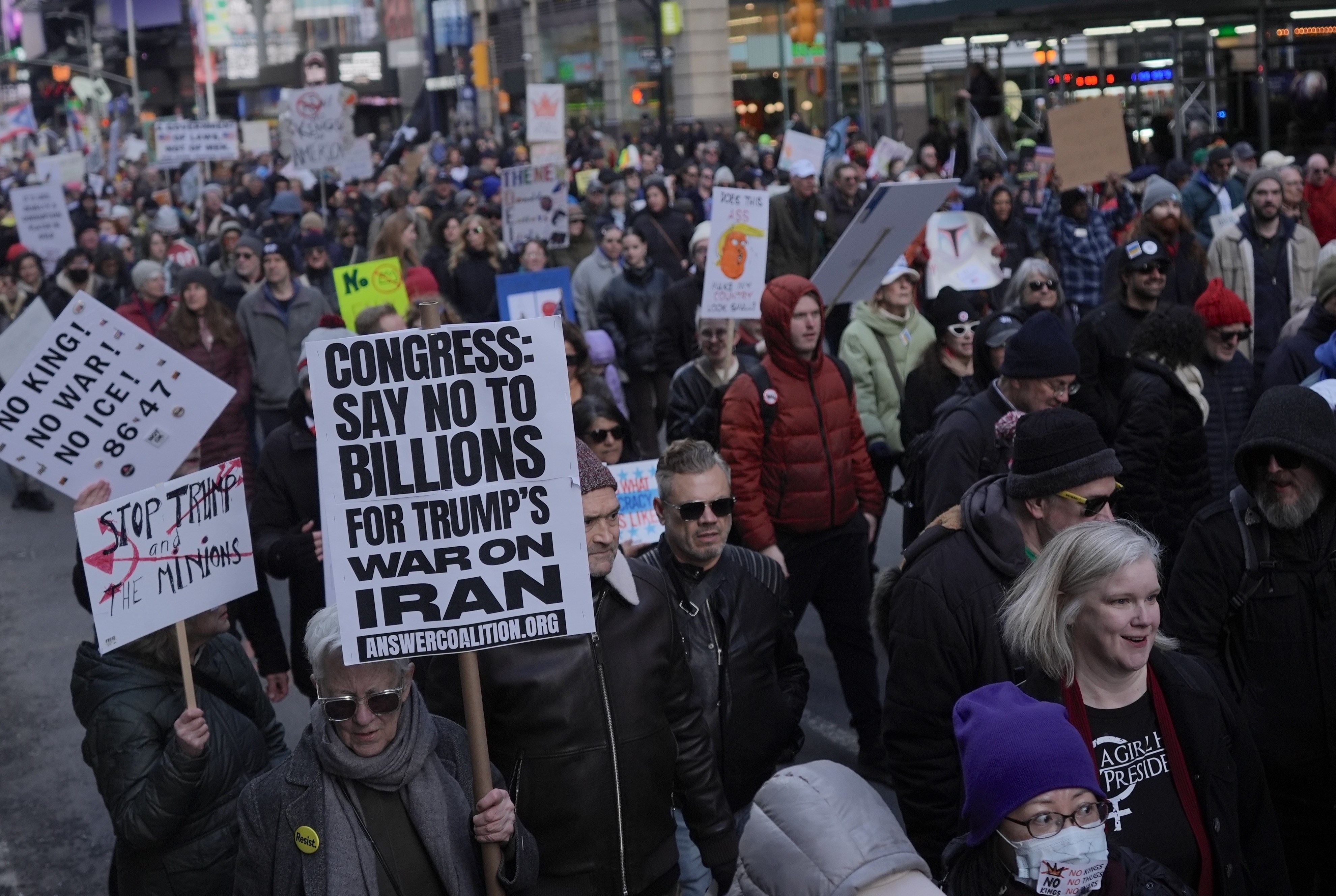 NEW YORK, UNITED STATES - MARCH 28: Demonstrators gather near Central Park before marching through Manhattan and passing through Times Square during the third âNo Kingsâ protest in New York, United States, on March 28, 2026. (Photo by Selcuk Acar/Anadolu via Getty Images)