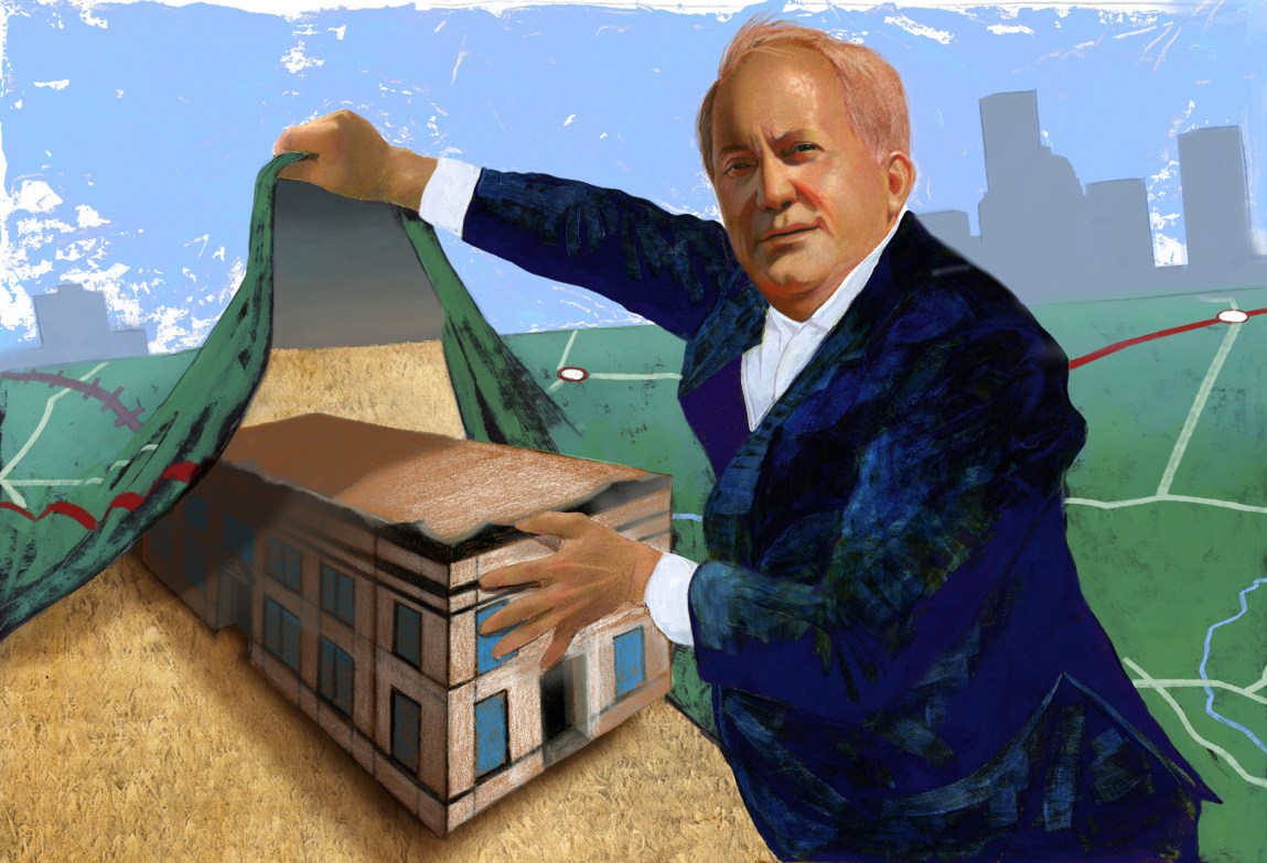 An illustration depicts Texas Attorney General Ken Paxton in a dark suit, positioned over a stylized map. With one hand, he lifts a green layer of the landscape like a curtain while his other hand appears to push a miniature courthouse under the curtain.
