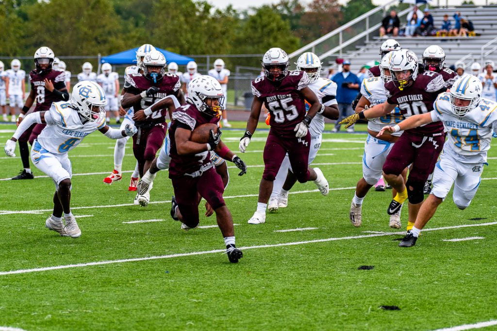 Hodgson running back, Keytwan Sabur, finds a gap and takes advantage of the running room on the Silver Eagles' first drive of the game.