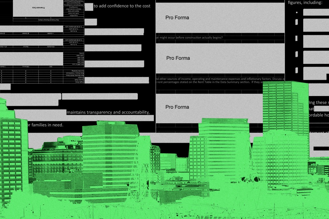 The Portland, Oregon, skyline against a backdrop of redacted documents.