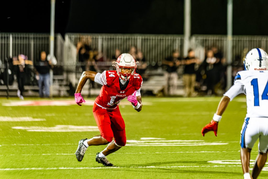 Smyrna junior Mikiah Jackson starts his route against the Cavalier defense.