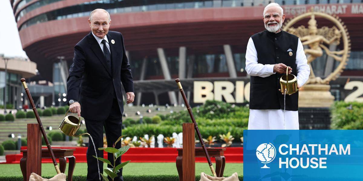 President Vladimir Putin and Prime Minister Narendra Modi plant trees during the 18th BRICS Summit at the Bharat Mandapam in New Delhi on 12 September 2026.