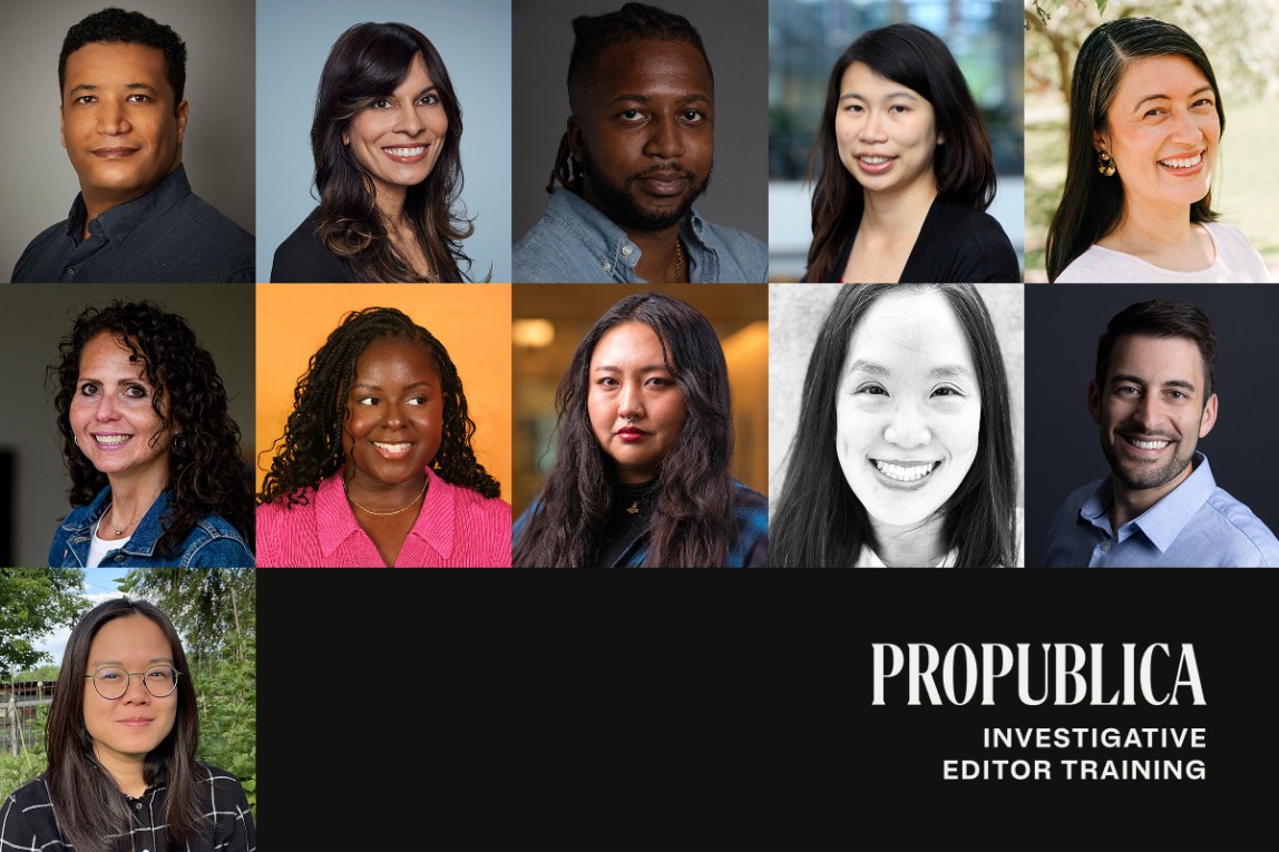 A grid of headshots paired with the ProPublica Investigative Editor Training logo.