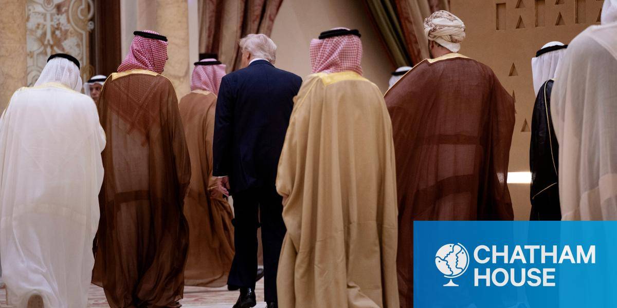 US President Donald Trump walks with leaders to a meeting of the Gulf Cooperation Council (GCC). 