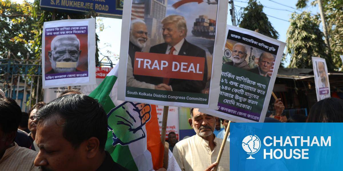 Supporters of India's main opposition Congress party during a protest against the India-US trade agreement in Kolkata, India, on 10 February 2026. Several unions and opposition groups have protested, citing concerns over the agreement's impact on Indian farmers