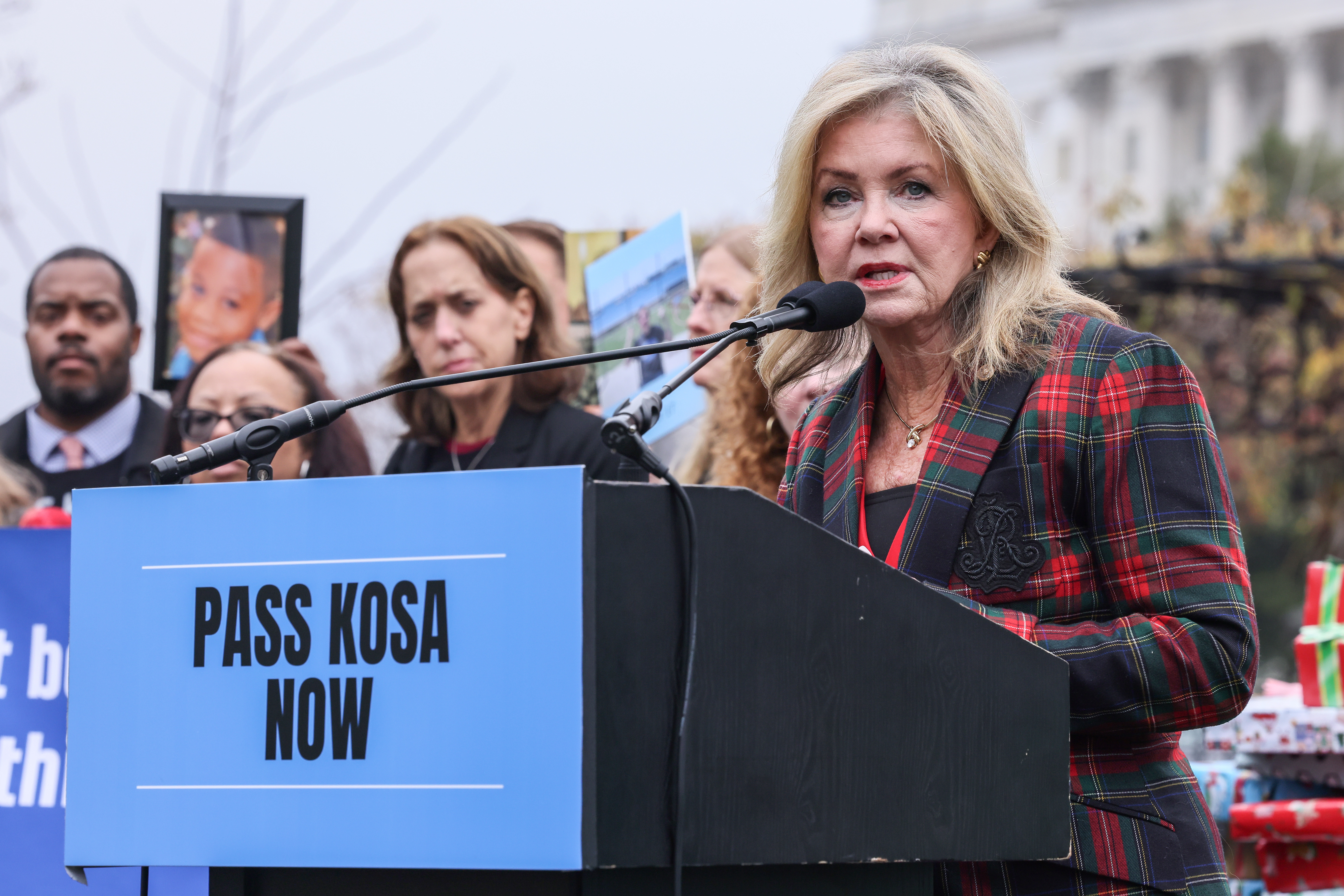 WASHINGTON, DC - DECEMBER 10: U.S. Sen. Marsha Blackburn (R-TN) speaks during a rally held in support of The Kids Online Safety Act on Capitol Hill on December 10, 2024 in Washington, DC. (Photo by Jemal Countess/Getty Images for Accountable Tech)