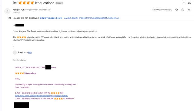 I asked the Fungineers support email a question, and I get a useless AI response. It says it can help with my questions, then proceeds to not help.