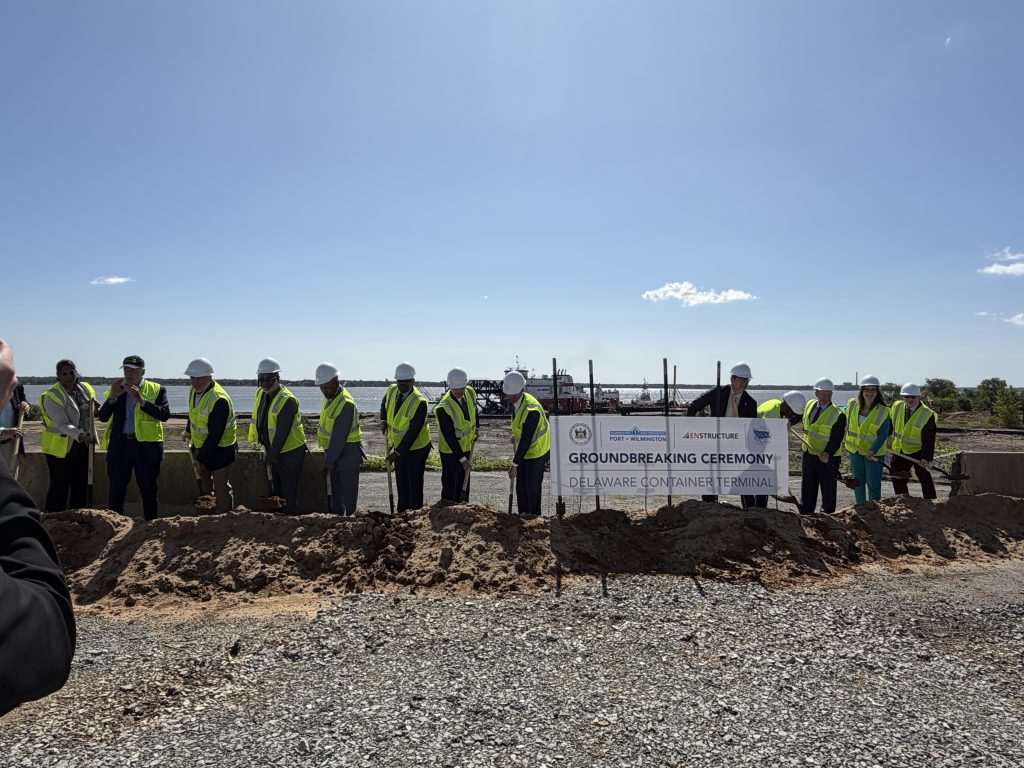 Members of the DSPC, state legislature and Enstructure pose for a photo at the groundbreaking ceremony for the Delaware Container Terminal. Photo Credit: Ryan Colasanti