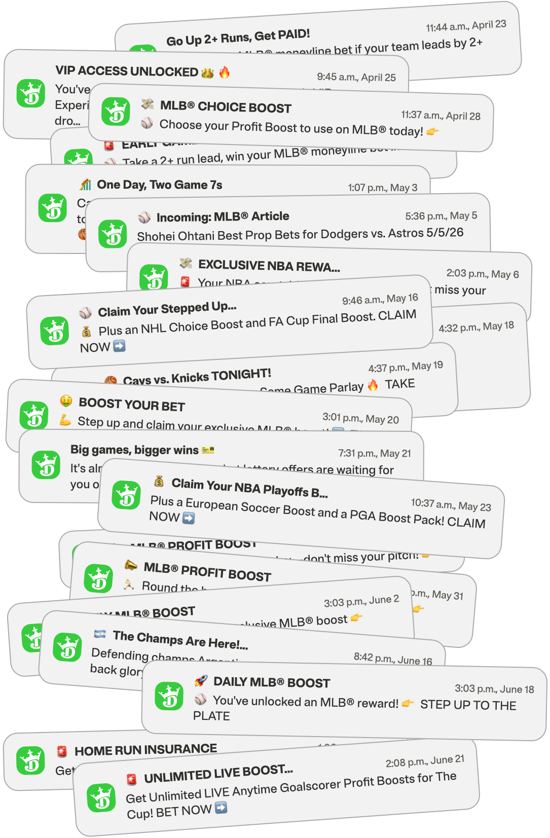 A pile of phone notifications from DraftKings layered on top of one another. Each notification offers a promotion or boost.