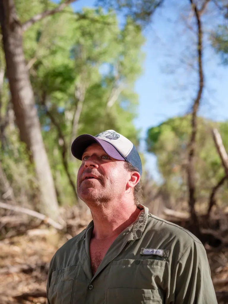 A man wearing a green shirt and a baseball cap stands in front of trees.