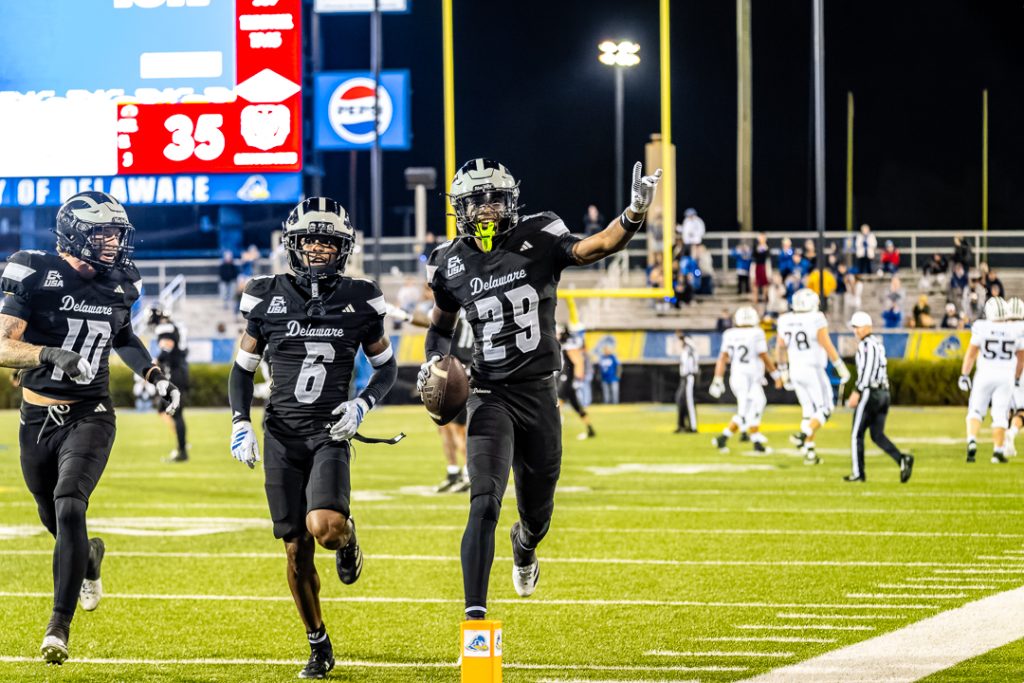 Sophomore safety George Mullins celebrates after earning his third interception of the season. Photo credit: Dave Reeder