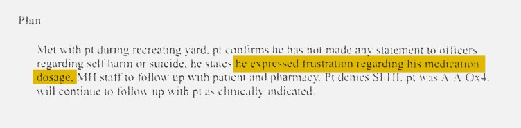 A cropped excerpt from a typed clinical document. A section titled "Plan" contains a highlighted sentence stating: "he expressed frustration regarding his medication dosage."