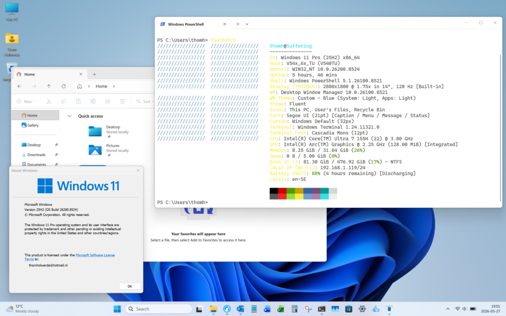 A Windows 11 desktop with winver, an Explorer window, and fastfetch in the terminal.