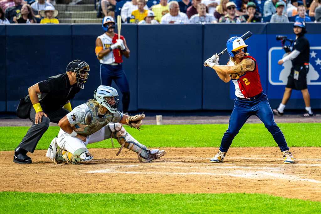 Texas Tailgater Zach Watson leads off the first Banana Ball ever played in Delaware. 