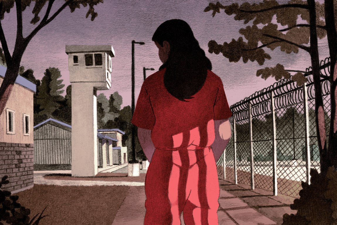 An illustration shows a woman in a red jumpsuit standing outside a detention facility near a watchtower and barbed-wire fence, with vertical shadows cast across her back like cell bars.