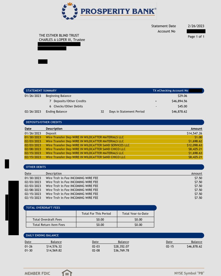 A Prosperity Bank statement dated Feb. 26, 2023, for The Esther Blind Trust with Charles A. Loper III as trustee. Six wire transfer deposits under the “Deposits/Other Credits” section are highlighted in yellow, showing incoming transfers from Wildcatter Materials LLC, Wildcatter Sand Services LLC and Wildcatter Sand Chico LLC totaling $32,347.30.