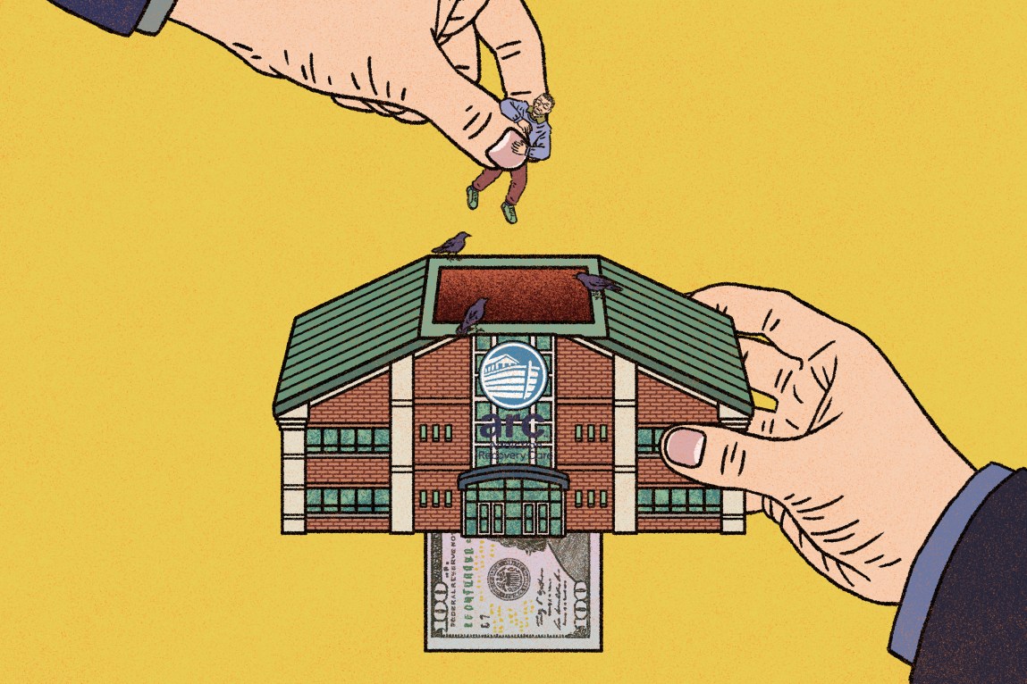 An animation in which a large hand drops people into a building, with a logo that reads “arc.” Each time a person falls into the top of the building, a $100 bill slides out from the bottom.