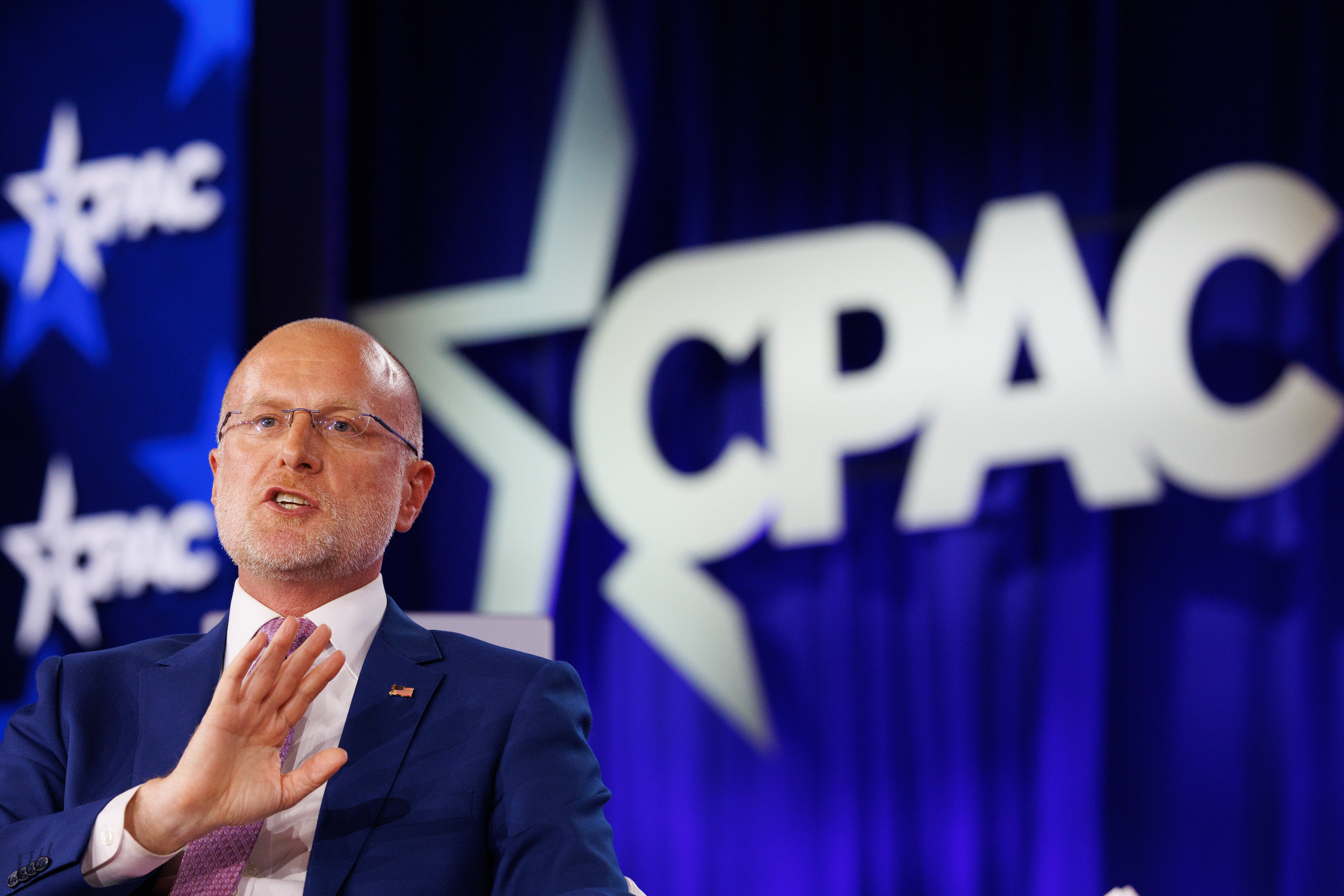 Brendan Carr, commissioner at the Federal Communications Commission (FCC), speaks during the Conservative Political Action Conference (CPAC) in Grapevine, Texas, US, on Friday, March 27, 2026. The Conservative Political Action Conference launched in 1974 brings together conservative organizations, elected leaders, and activists. Photographer: Shelby Tauber/Bloomberg via Getty Images