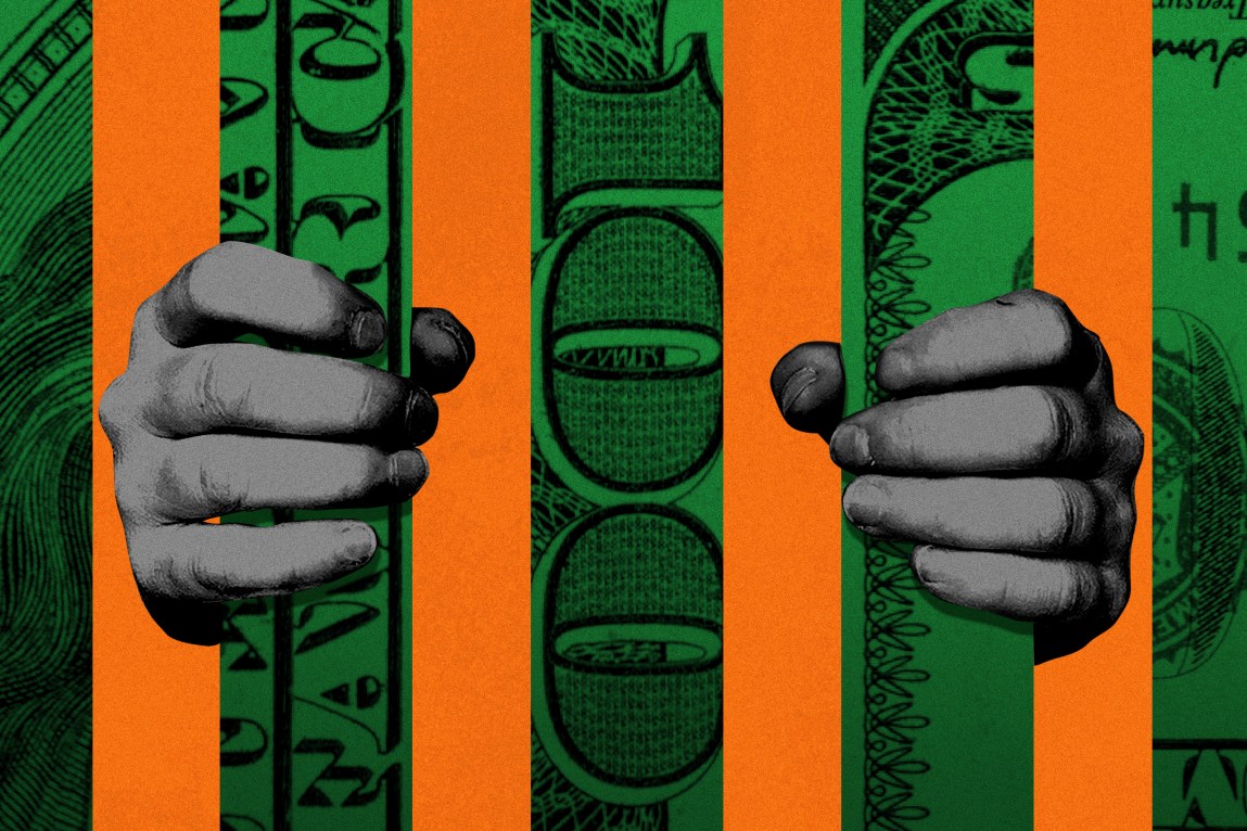 An illustration in which two hands reach out from an orange background and clutch prison cell bars made from the image of a $100 bill.