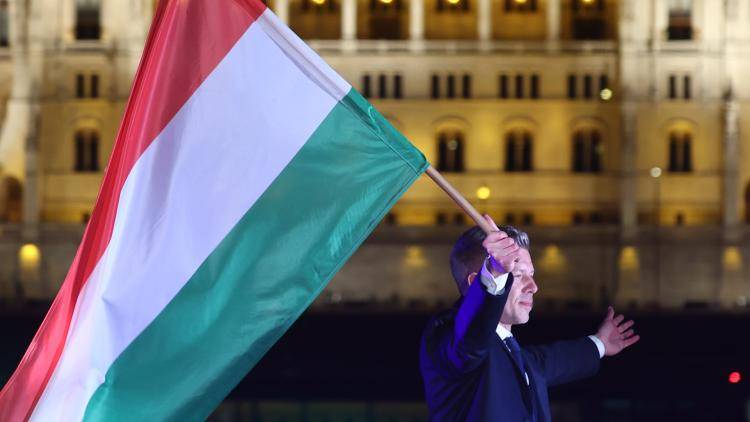 Peter Magyar, leader of the Respect and Freedom Party (Tisza), celebrates with supporters after claiming victory in the general election in Budapest, Hungary.