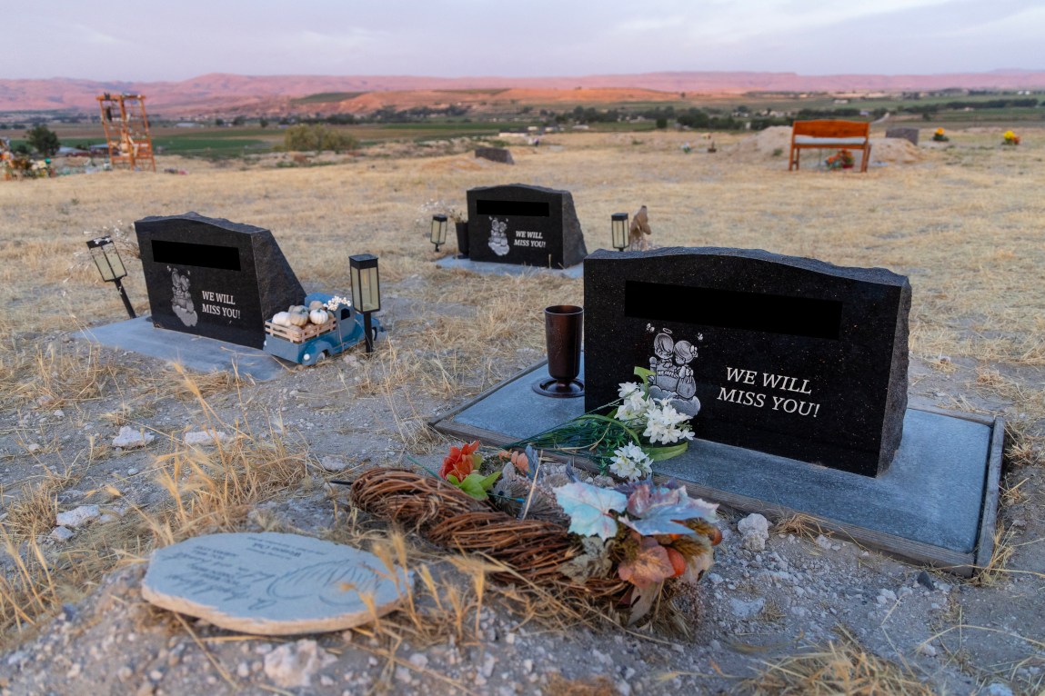 Three identical black headstones with “We Will Miss You!” and cartoon artwork engraved on the surface that shows a child angel at a grave that a grieving woman or girl is visiting. A toy truck and flowers decorate the graves.