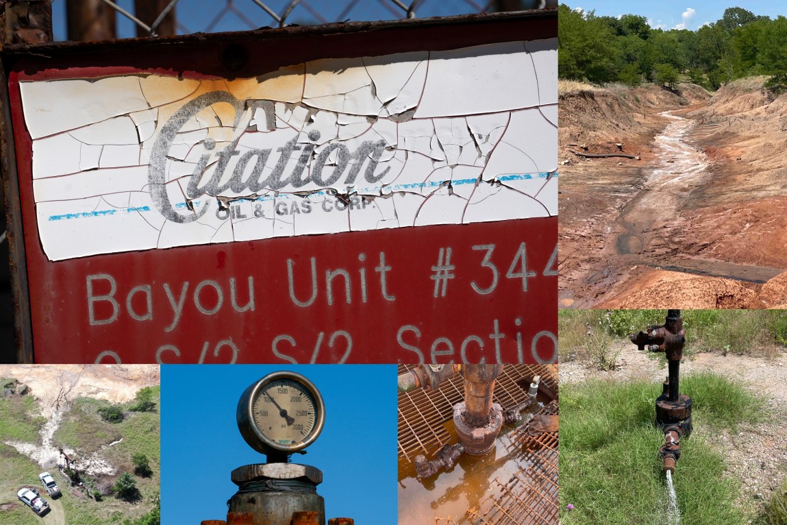 A grid of photos show a cracked sign with the words “Citation Oil & Gas Corp.” and “Bayou Unit”; a pressure gauge; water pooling under a rusted metal grid; a pipe emitting water; and white streaks of salt on two patches of land. 
