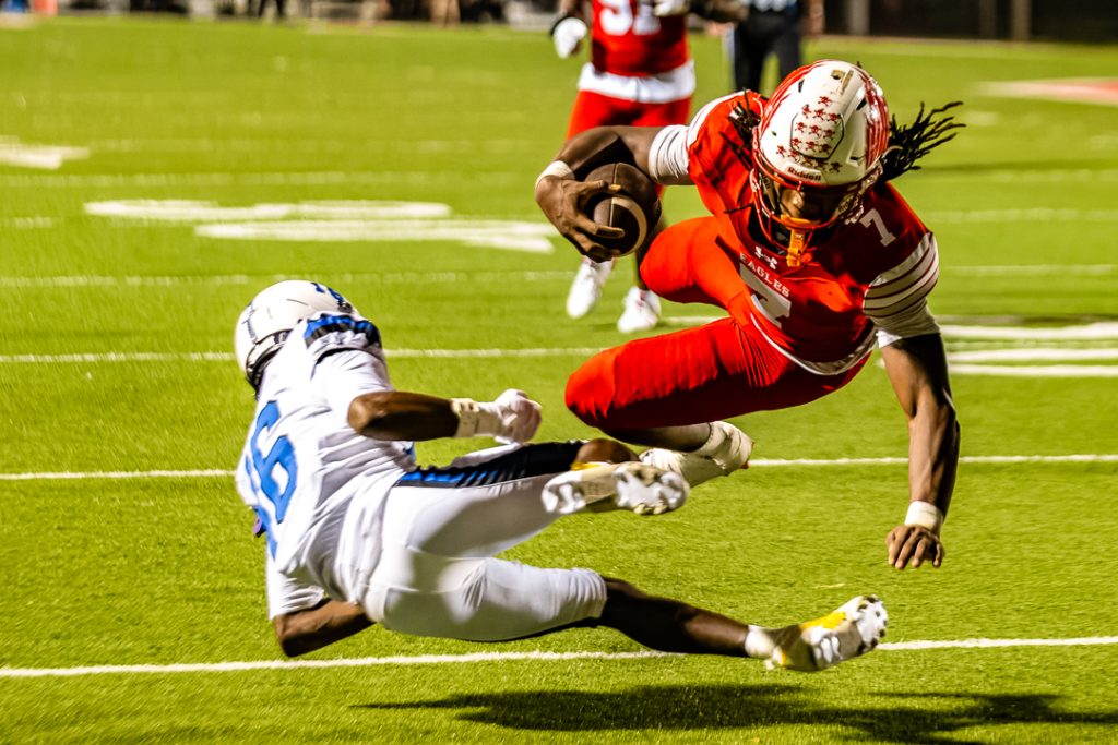 Sophomore running back, Terrell Ingram, is tackled by Middletown sophomore Riley Robinson.
