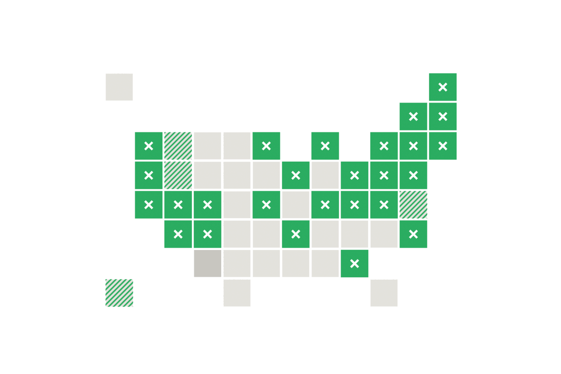 A cartogram of the United States shows 26 states and the District of Columbia highlighted in green, indicating final rulings in those lawsuits. Four states have a hatch pattern, indicating the cases are yet to be decided. One state, Oklahoma, is dark gray, indicating the case has settled.