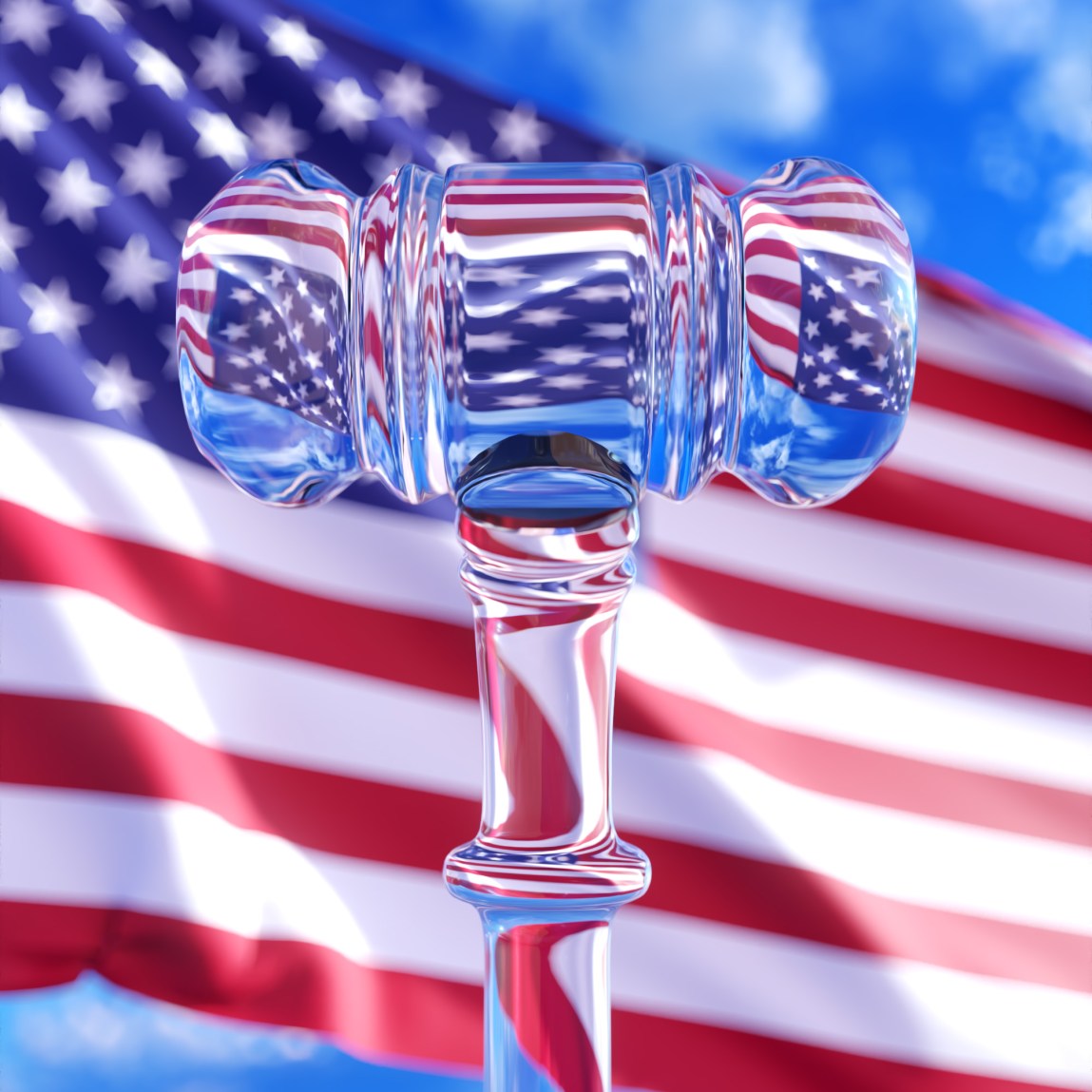 A see-through gavel distorts an American flag billowing behind it.