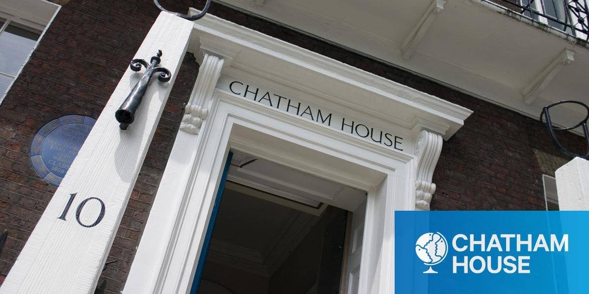 A photo of the Chatham House entrace with the door open.