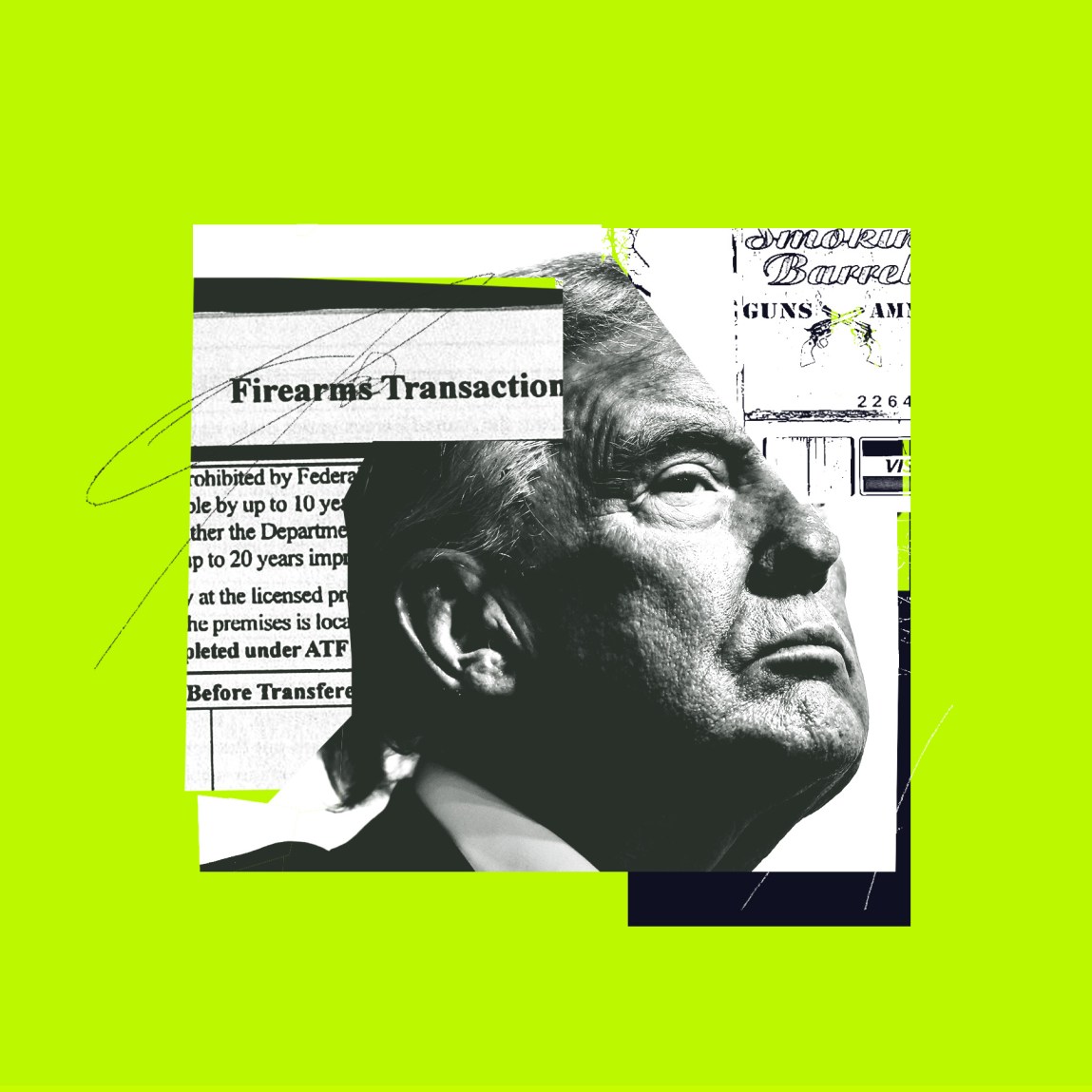 In a black-and-white collage with a lime-green background, Donald Trump’s face is pieced together with a government form and the outline of a gun shop’s logo. The form reads “Firearms Transaction” in large lettering.
