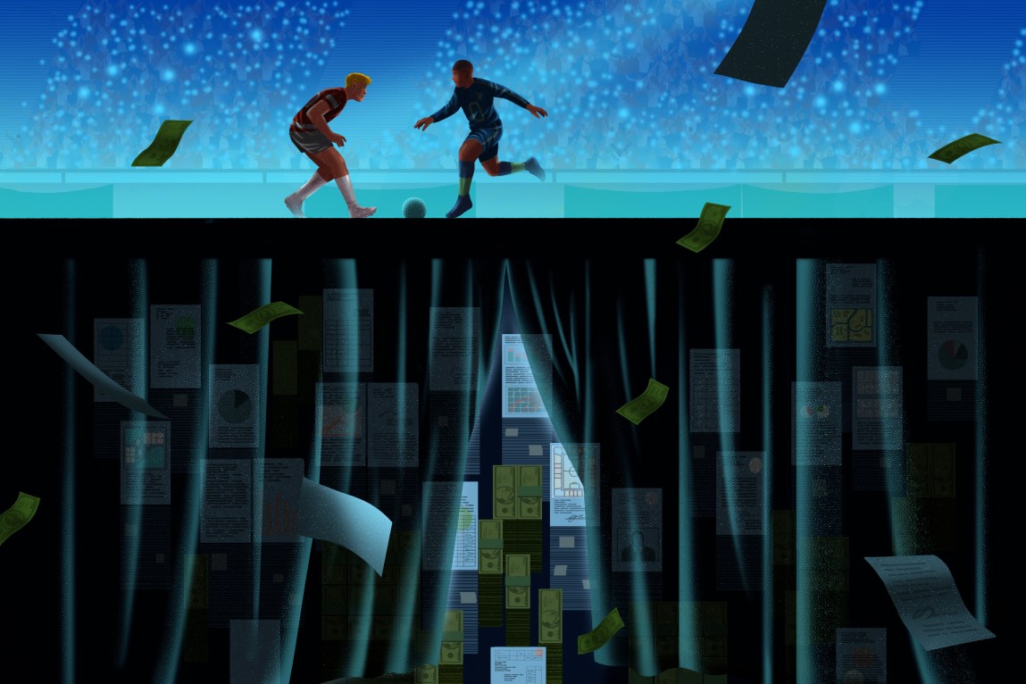 An illustration of two people playing soccer above a dark, partially open curtain concealing documents and money, with small green bills floating in the air.