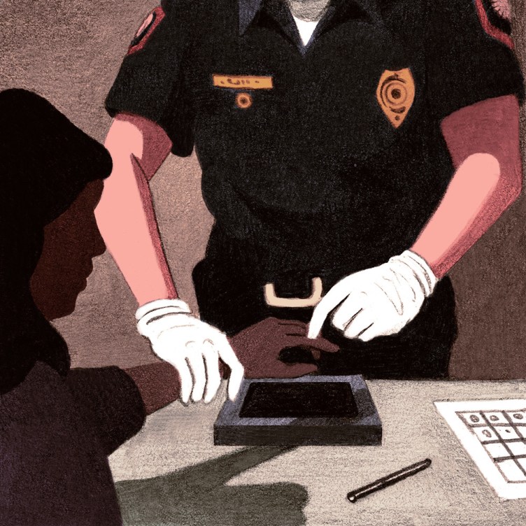 An illustration shows a law enforcement officer wearing white gloves guiding a person’s hand to take fingerprints on an ink pad at a desk.