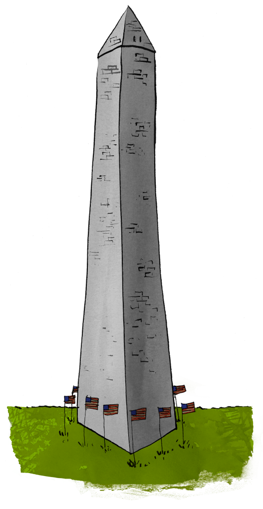 An illustration of the Washington Monument obelisk standing on a patch of green grass, surrounded by small American flags at its base against a plain white background.