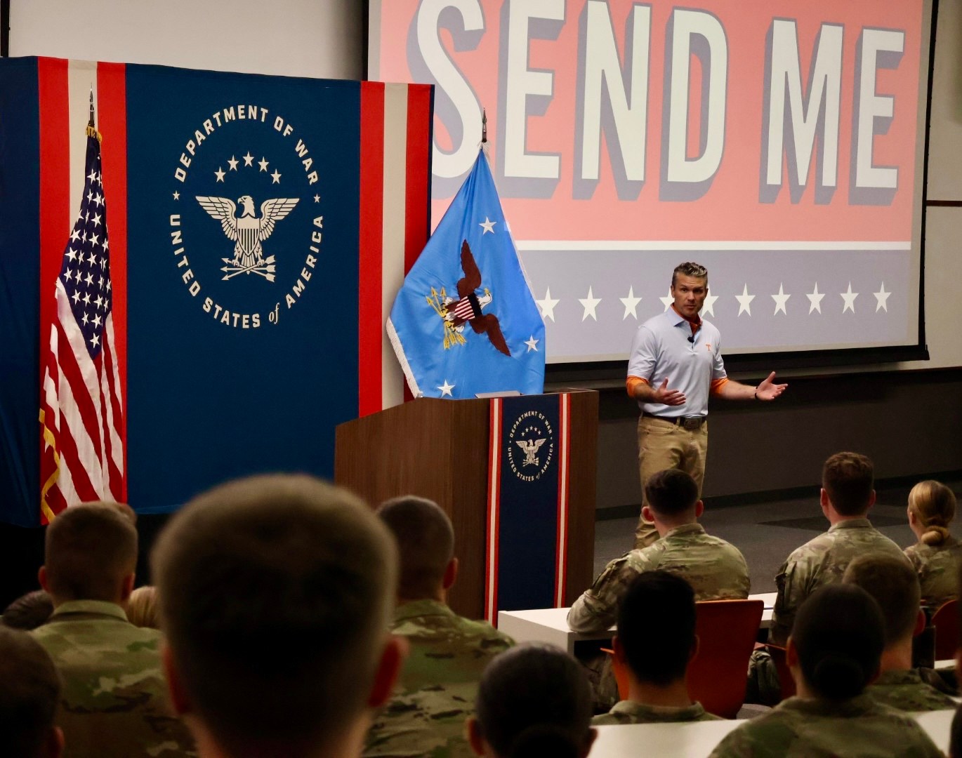 Secretary of War Pete Hegseth addresses Reserve Officers' Training Corps cadets during a Send Me Tour event at the University of Tennessee in Knoxville, Tennessee, Oct. 17, 2026. His remarks focused on military service, leadership and readiness. (U.S. Army National Guard photo by Capt. Tessa Lindsey)