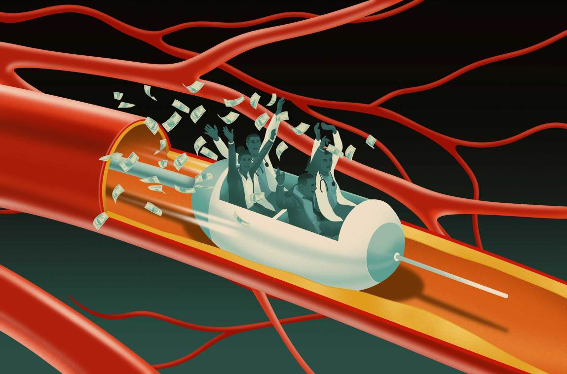 An illustration shows a group of medical professionals cheering inside a capsule shaped like a syringe plunger, riding down a red blood vessel like a roller coaster. Dollar bills fly through the air behind them as they speed through the branching network of arteries.