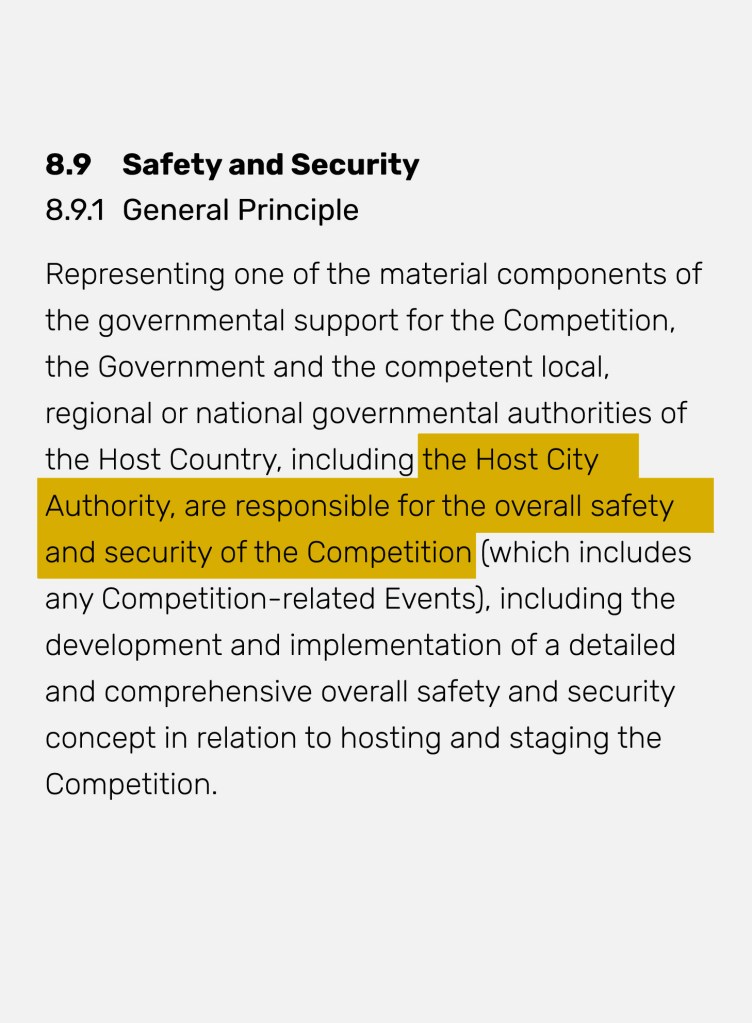 An excerpt from a contract with the title “8.9 Safety and Security” and a highlighted line “the Host City Authority, are responsible for the overall safety and security of the Competition.”