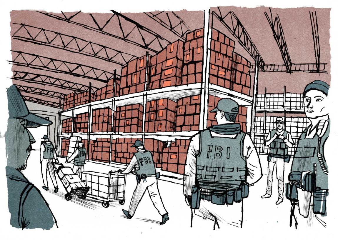An illustration shows FBI agents removing boxes from a warehouse.