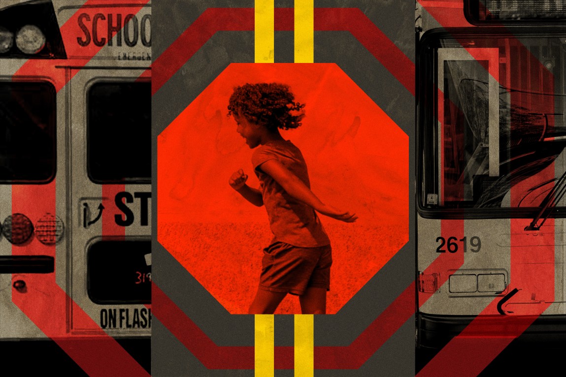A collage including a photograph of a child playing while surrounded by a red shape representing a stop sign, a school bus and a city bus.
