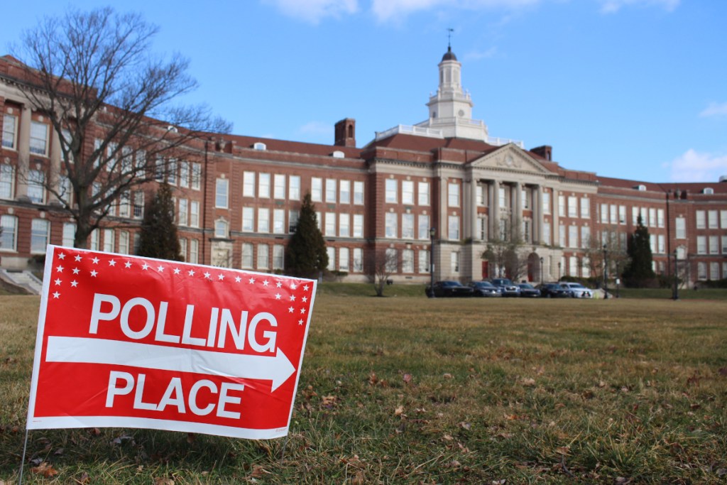 A polling place sign for election in the Brandywine School District is seen outside P.S. du Pont Middle School.